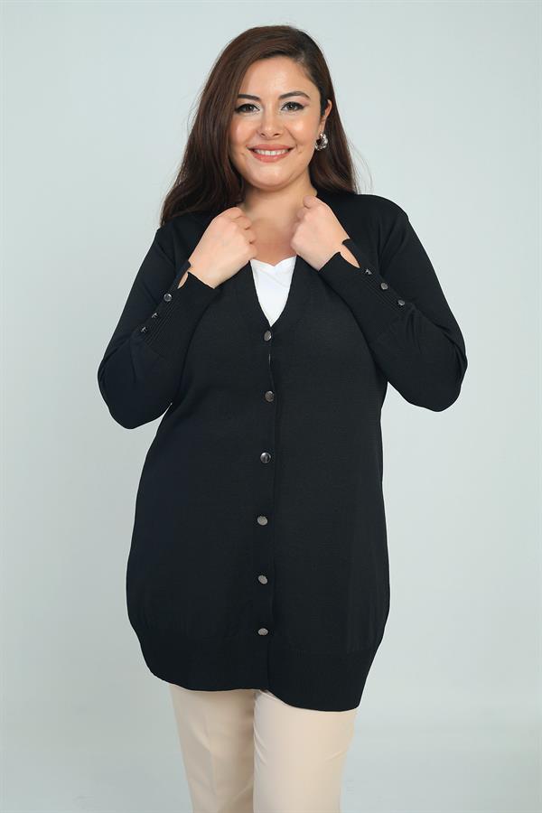 Kadın Kolları Düğme Detaylı Soğuk İplik Büyük Beden Uzun Hırka