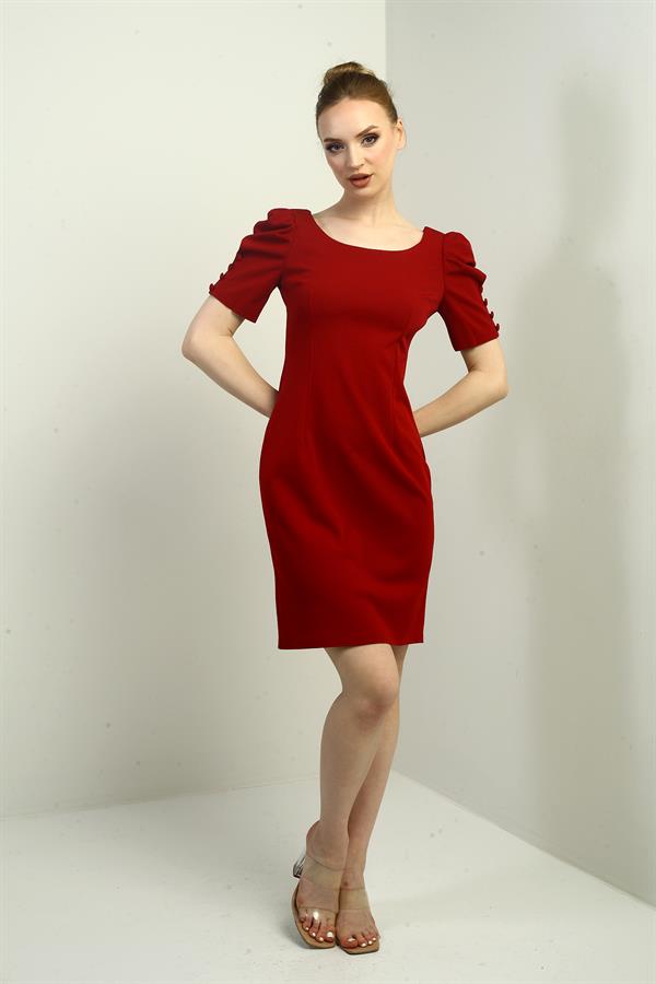 Women's Boat Neck Dress with Buttoned Sleeves, Pleated, and Zipper Back