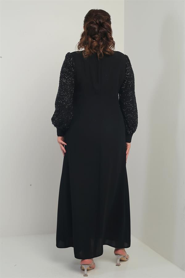 Kadın Kolu Ve Önü Pullu Büyük Beden Uzun Tesettür Elbise