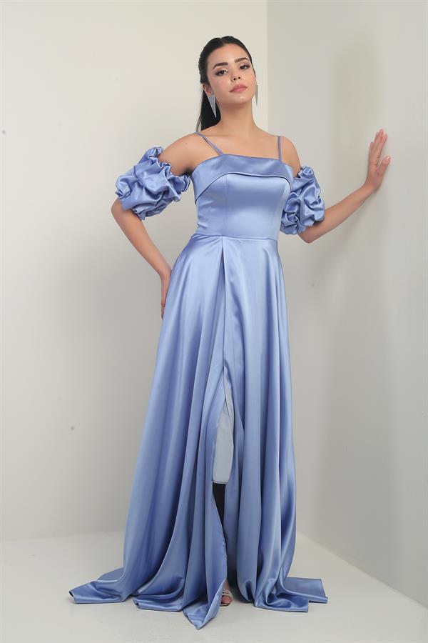Women's Thin-Strapped, Lined, Set-in Sleeve, Pocketed Long Satin Dress