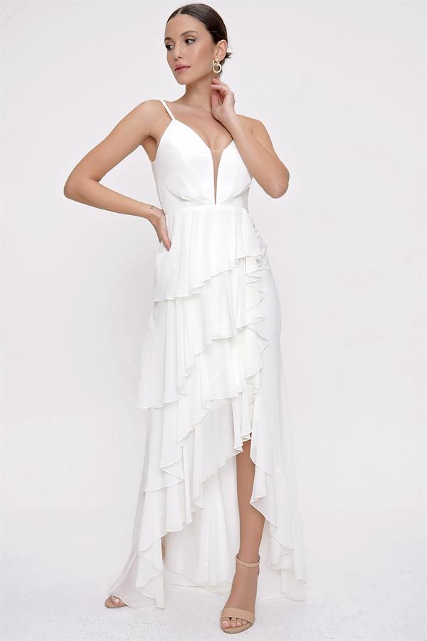 Robe longue en mousseline doublée à bretelles, volants et superpositions