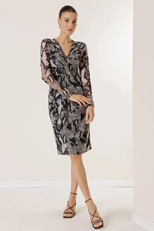 Lined Snakeskin Patterned Tulle Dress with Knot Detail on the Front