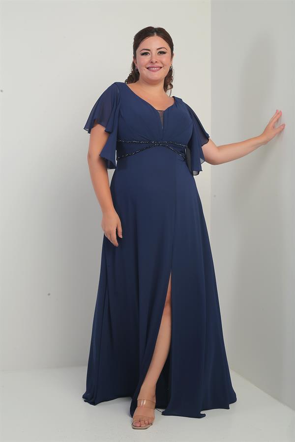 Robe en mousseline grande taille pour femme, décolleté en V devant et dos, manches à volants, ceinture doublée et poches.