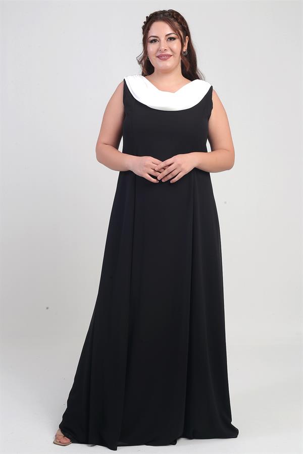 Kadın Degaje Yaka Arkası Taş Detaylı Volanlı Astarlı Büyük Beden Uzun Şifon Elbise