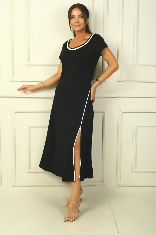 Women's Long Slit Plunge Dress with Piping