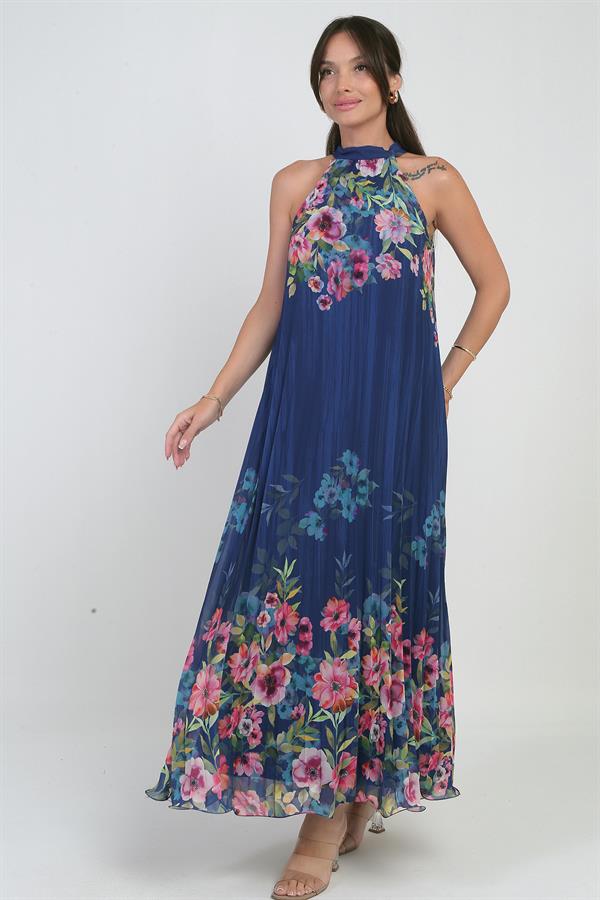 Kadın Çiçek Desenli Astarlı Plisoley Şifon Uzun Elbise