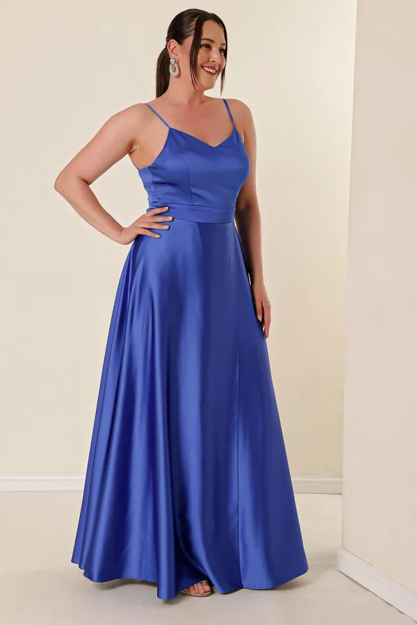 İp Askılı Astarlı Önden Yırtmaçlı Büyük Beden Uzun Saten Elbise