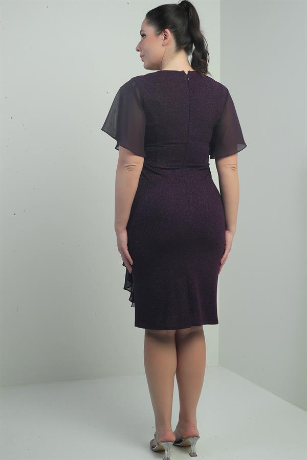 Robe courte grande taille à paillettes, manches en mousseline et ornements latéraux, doublée