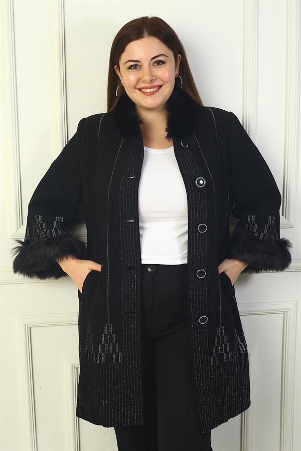 Cardigan grande taille à motif pyramidal pailleté avec col en fourrure amovible et poche boutonnée sur le devant pour femme