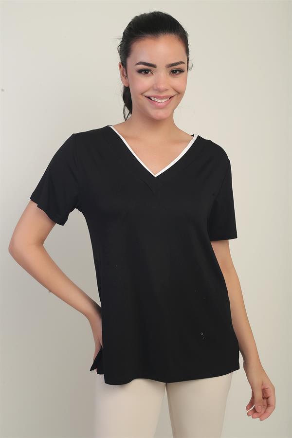 Women's White V-Neck Lycra Blouse with Trim