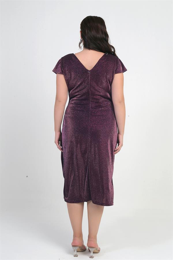 Women's Front Back V Neck Waist Stone Detail Lined Glittery Sandy Fabric Plus Size Midi Dress