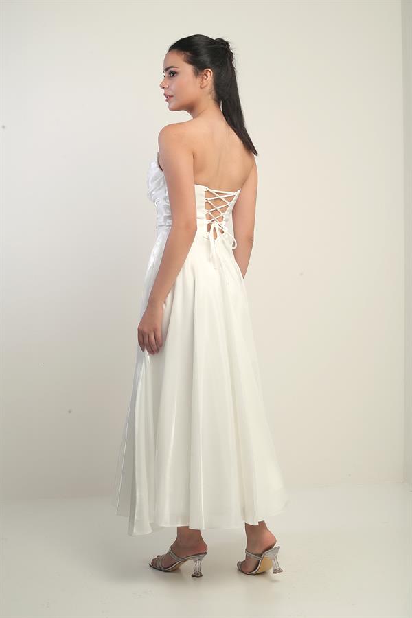 Kadın Degaje Straplez Yaka Astarlı Organze Saten Midi Elbise