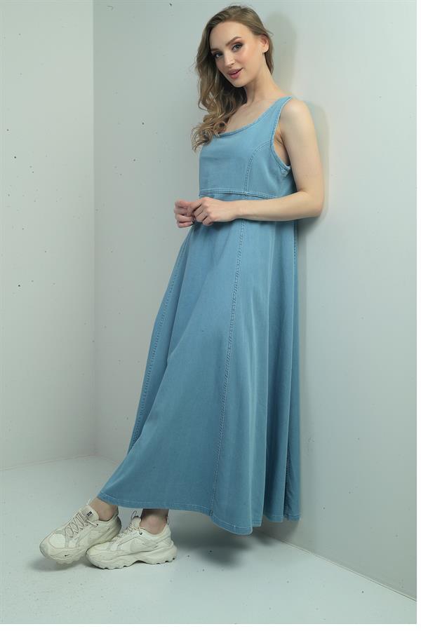 Gilet long sans manches en denim lyocell à col carré pour femme