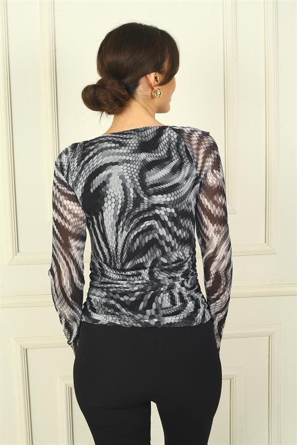 Women's Asymmetrical Neckline, Gathered Waist, Snake Pattern Tulle Blouse