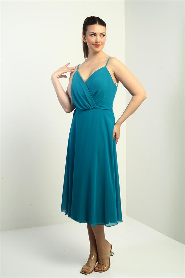 Women's Strappy Wrap Neckline Lined Lace-Up Back Flared Chiffon Dress