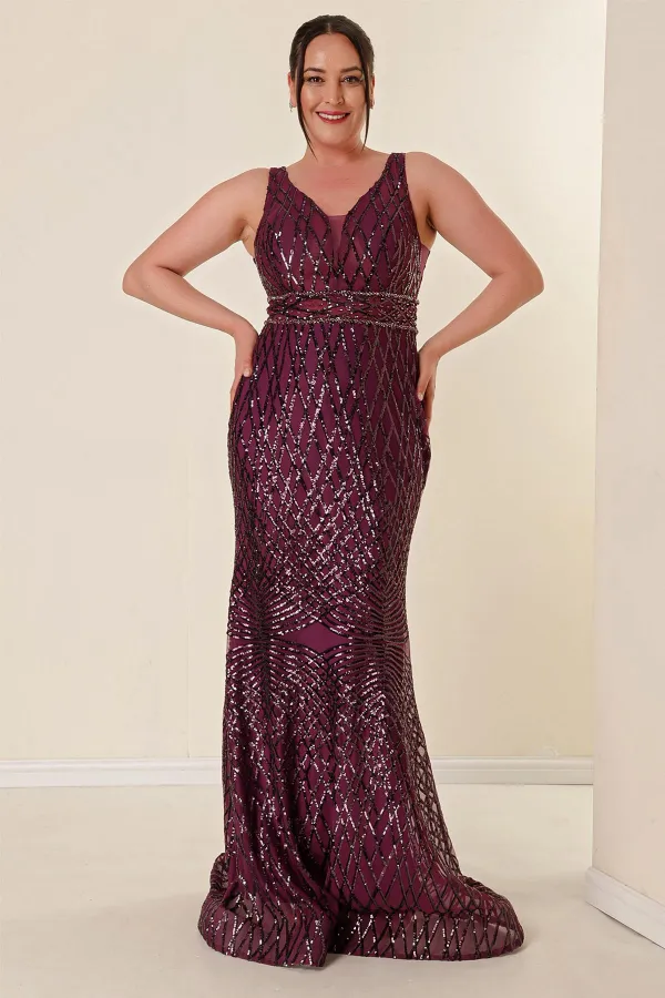 Robe longue à sequins grande taille pour femme, col en V, doublure, détails perlés