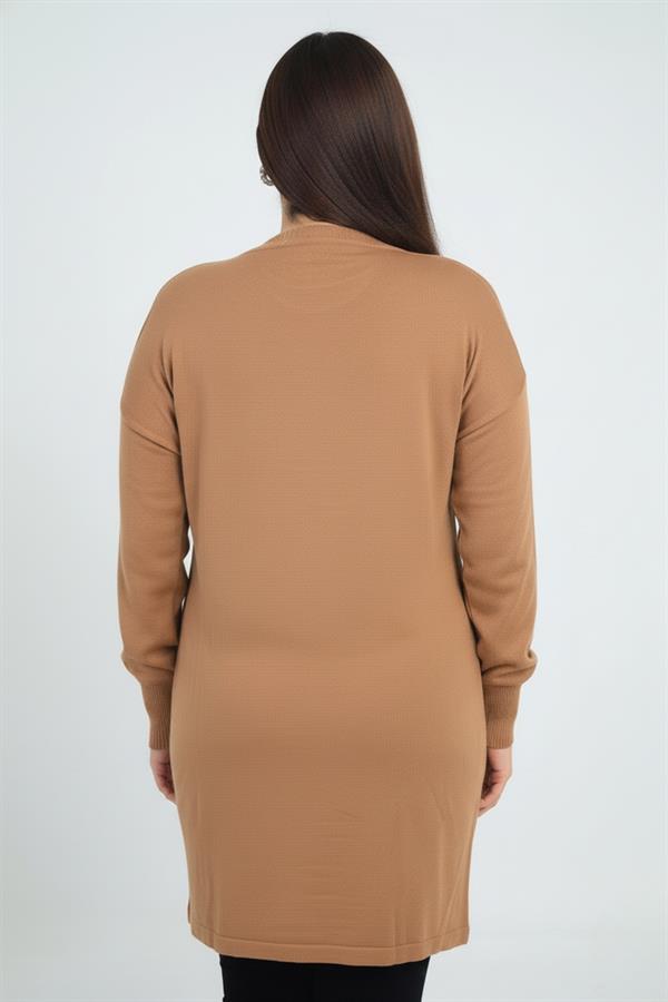 Kadın Önü Tek Cepli Taş Baskı Detaylı Büyük Beden TrikoTunik Bluz