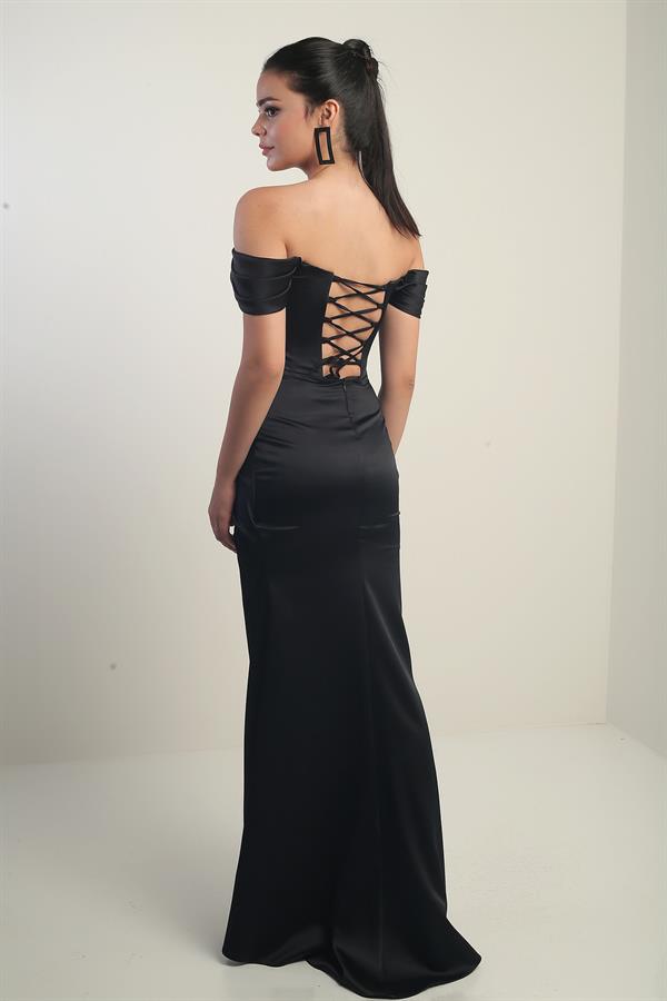 Kadın Straplez Düşük Kollu Astarlı Balenli Saten Uzun Elbise