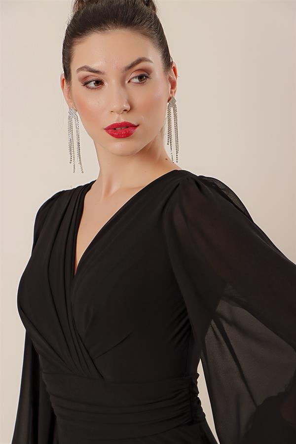 Wrap Neckline, Gathered Front, Lined Long Chiffon Dress