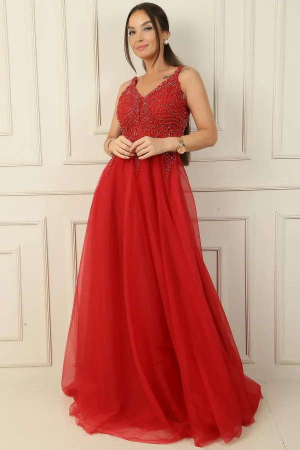 Front and Back V-Neck Beaded Lined Long Tulle Evening Dress