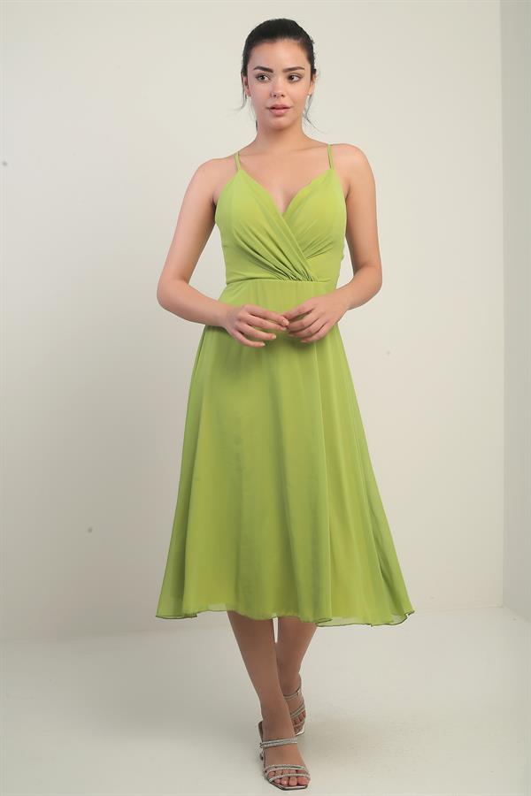 Women's Strappy Wrap Neckline Lined Lace-Up Back Flared Chiffon Dress