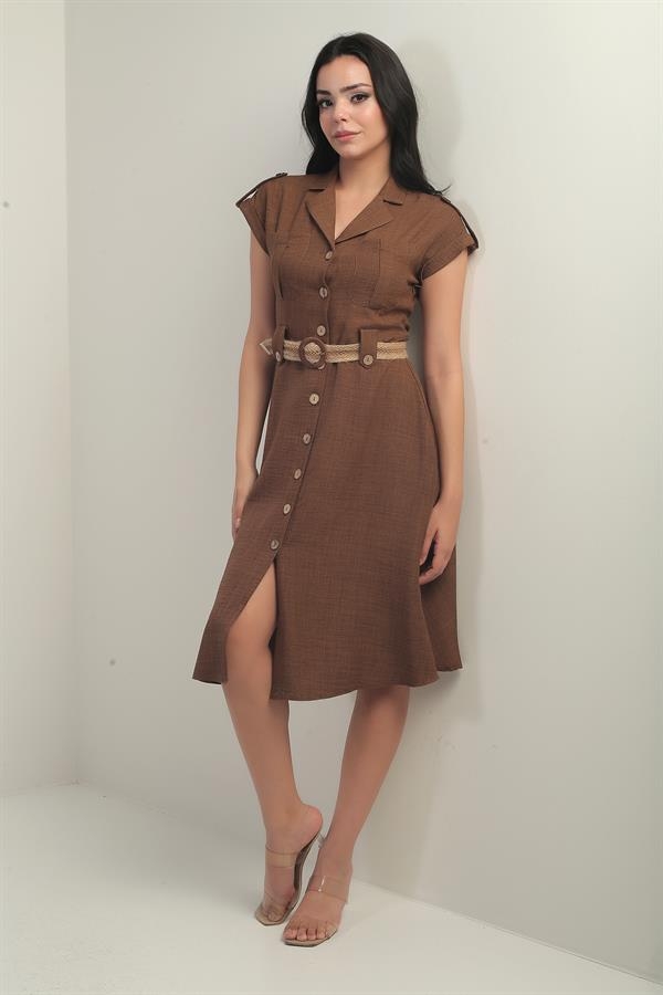 Women's Collared, Off-Shoulder, Double-Pocket, Belted Linen-Effect Dress