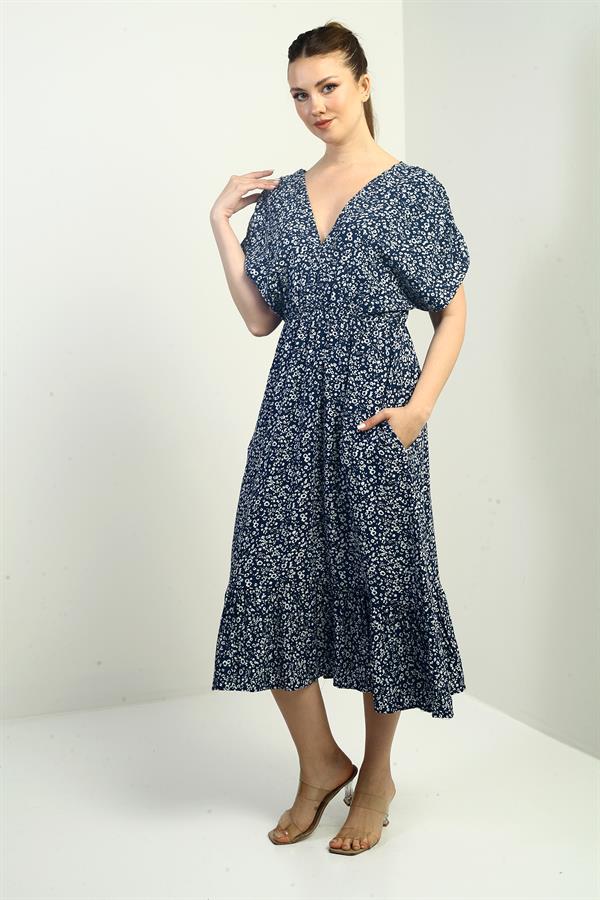 Kadın Ön Arka V Yaka Yarasa Kollu Mini Çiçekli Cepli Fırfırlı Elbise