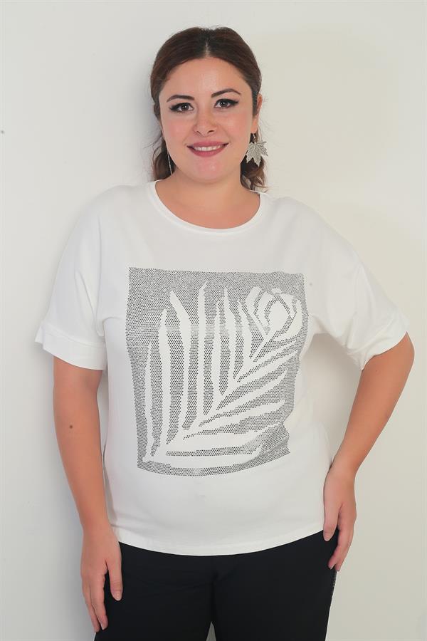 Women's Short Batwing Sleeve Plus Size Blouse with Stone Details and Rose Pattern, Lycra