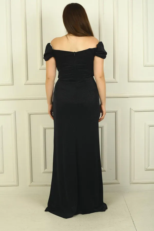 Kadın Düşük Kol Önü Drapeli Yanı Mendilli Astarlı Brayt Simli Uzun Büyük Beden Abiye Elbise