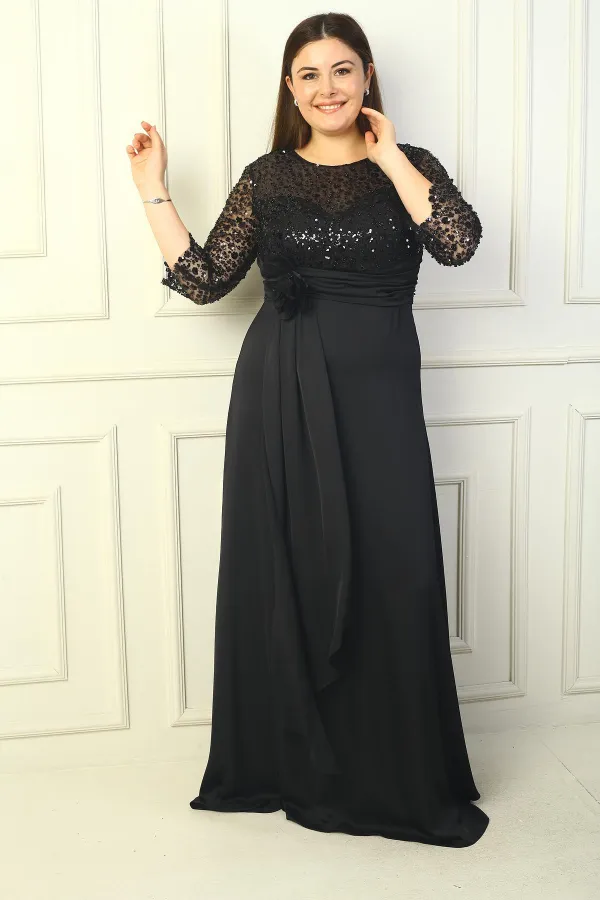 Kadın Çiçekli Altı Saten Üstü Gritel Astarlı Büyük Beden Uzun Elbise