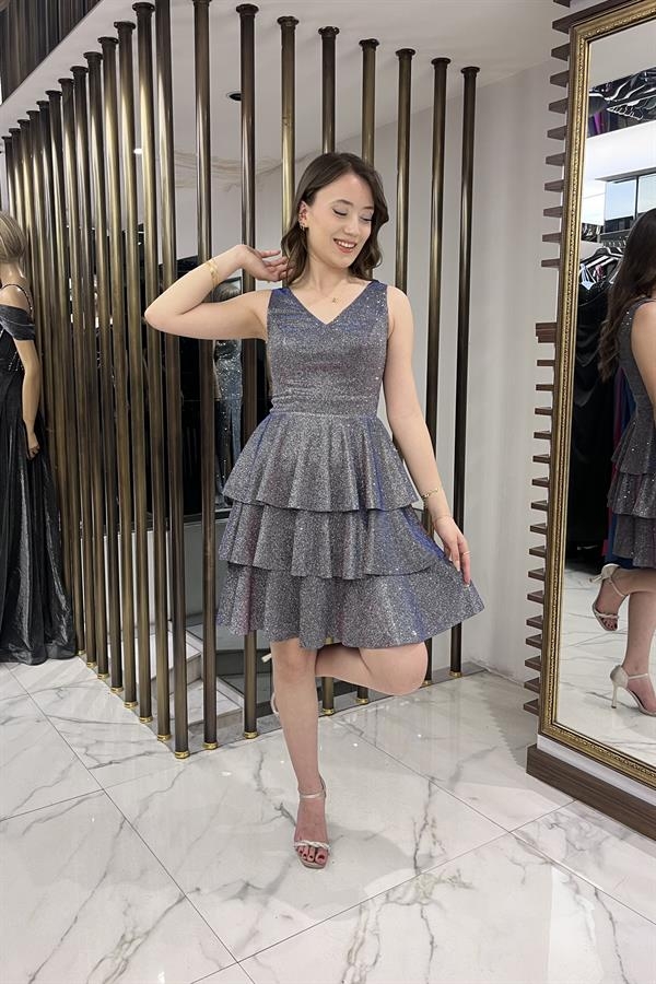 Front Back V Neck Glittery Layered Dress