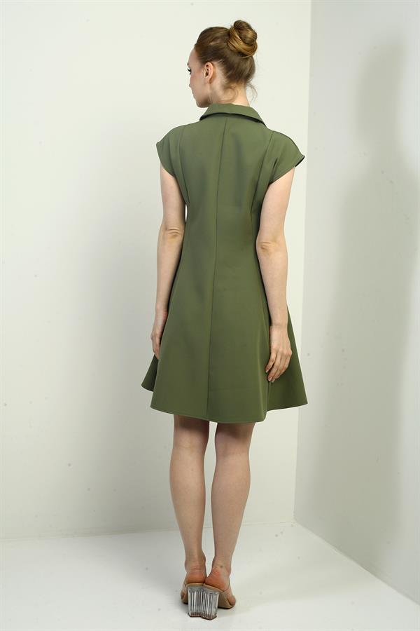 Women's Short Flared Dress with Half Front Zipper and Lace Detail, Self-Interfacing