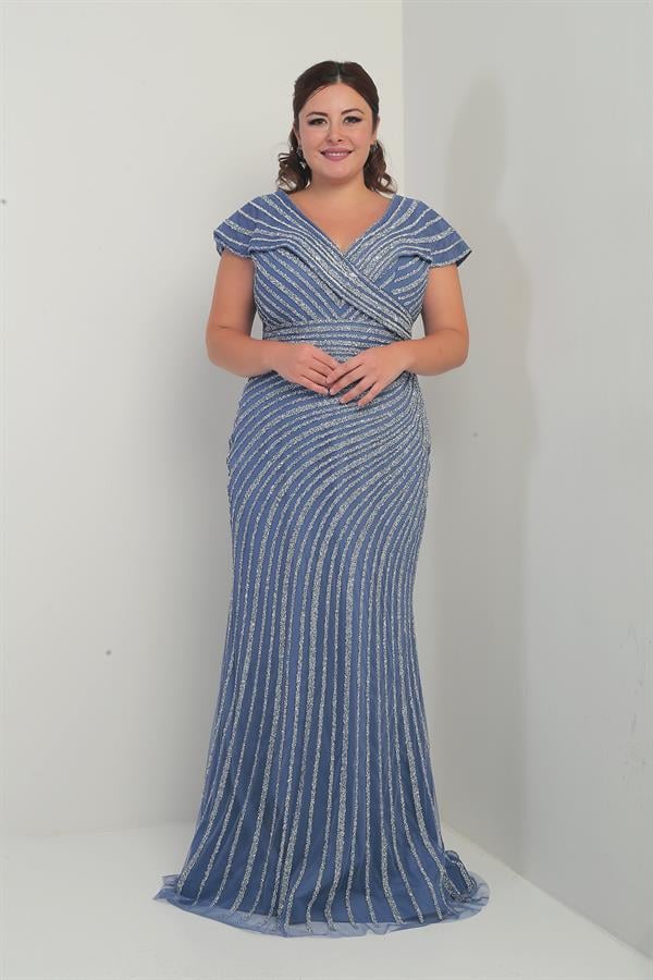 Women's Front and Back V-Neck Stone Print Lined Plus Size Fishtail Dress