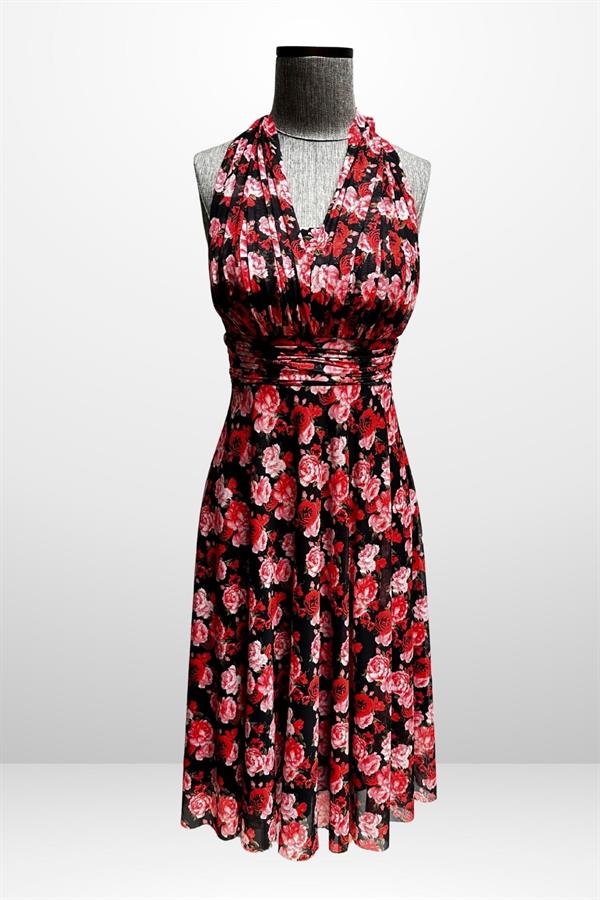 Women's Halter Neck Lined Dress with Small Floral Pattern