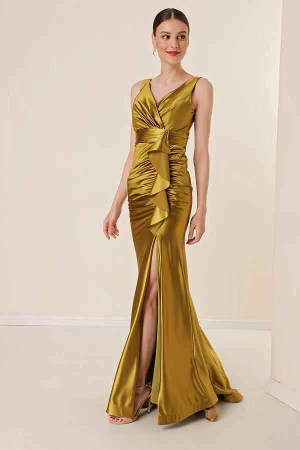 Robe longue en satin, drapée, à volants, doublée, taille large