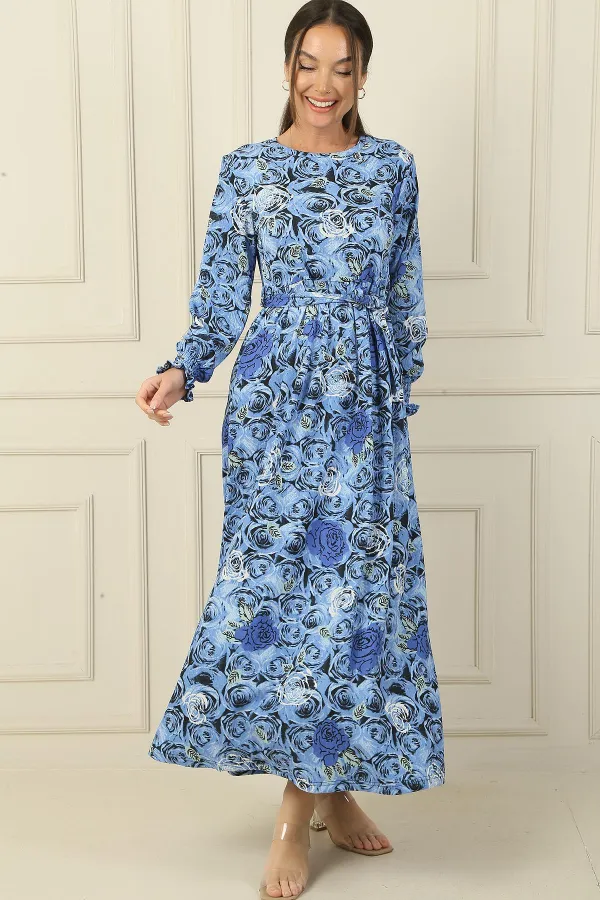 Beli Kuşaklı Gül Desenli Kol Uçları Büzgülü Gofre Uzun Elbise