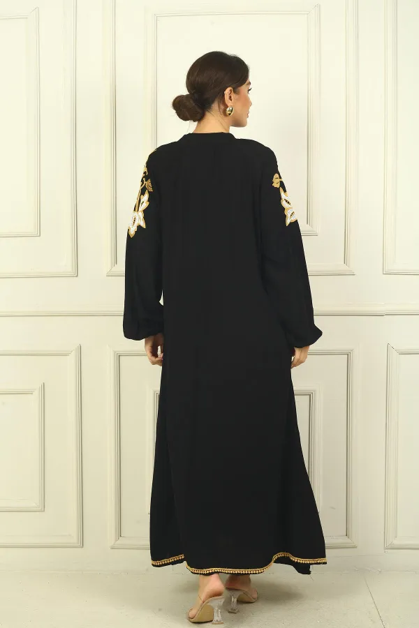 Women's Long Viscose Dress with Neckline, Butterfly Embroidery, and Elasticated Cuffs for a Relaxed Fit.