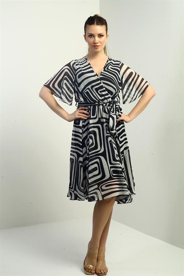 Women's Wrap Neckline Belted Lined Geometric Pattern Chiffon Dress