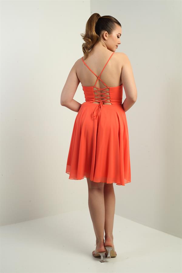 Women's Strappy, Back-Tie, Front-Opening, Lined Chiffon Short Flared Dress