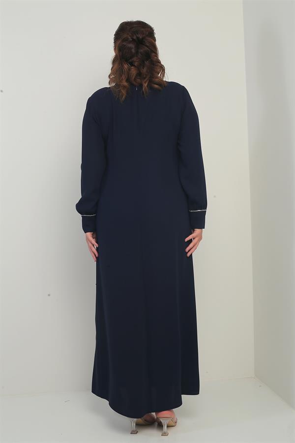 Women's Plus Size Long Crepe Dress with Zippered Sleeves, Stone Embellishments, and Side Tie Closure