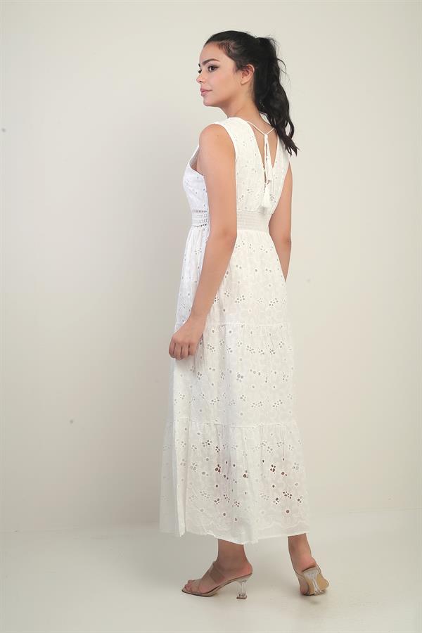 Women's Front and Back V-Neck Beaded Lined Midi Dress