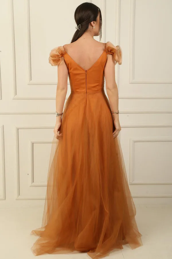 Ön Arka V Yaka İp Askılı Düşük Kollu Önü Taş Detaylı Astarlı Uzun Tül Elbise