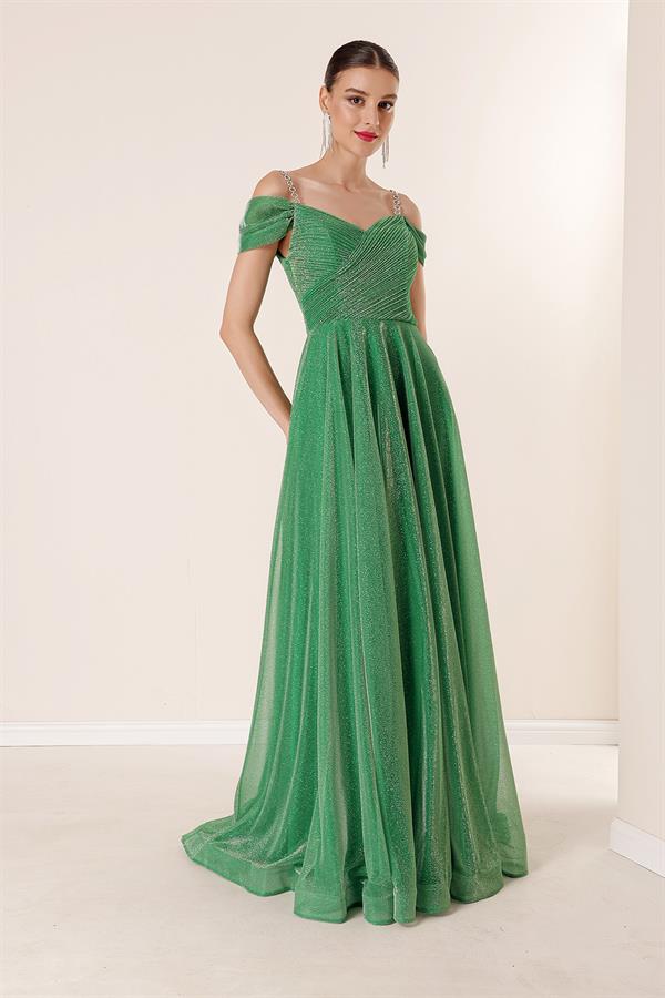 Strappy, Dropped Sleeve, Lined, Wide-Sized, Long, Glittery Dress