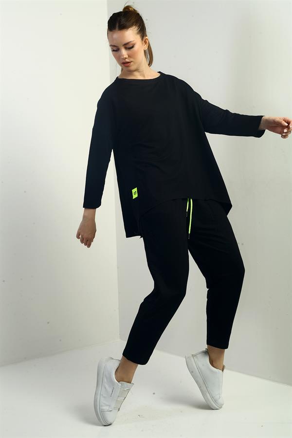 Women's Front Short Back Long Side Slit Sweatshirt Elastic Waist Pocket Pants Two-Piece Set