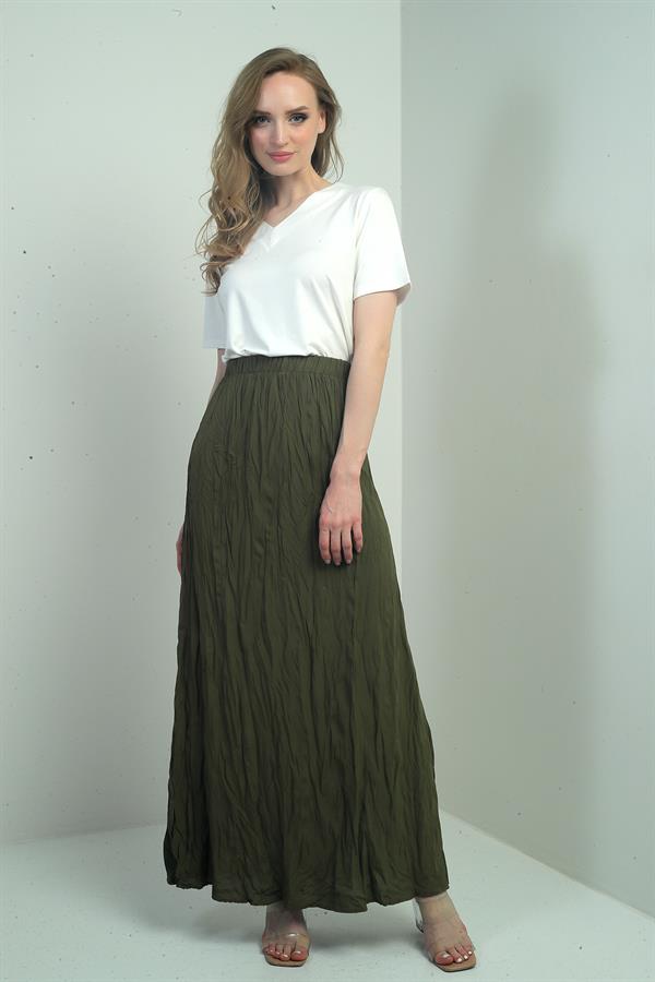 Kadın Beli Lastikli Kırışık Uzun Etek