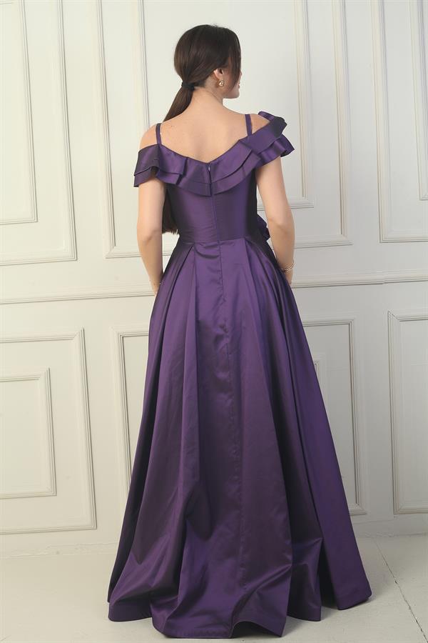 Women's Strappy Boat Neck Long Taffeta Evening Dress with Rose Detail, Lined, and Pockets
