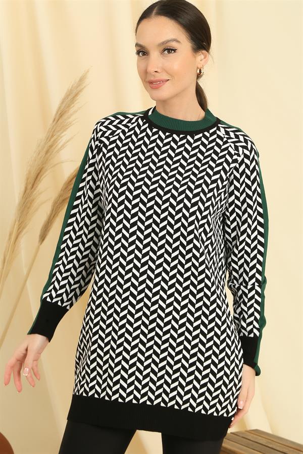 Zikzak Desen Yaka Ve Kol Uçları Şeritli Rahat Kalıp Triko Tunik
