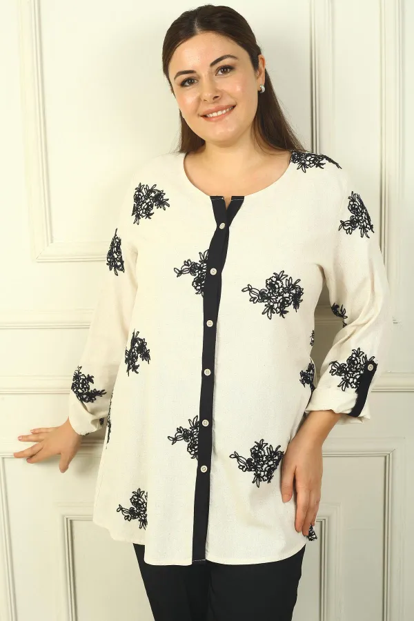 Chemise en lin brodée BB pour femme, manches repliées