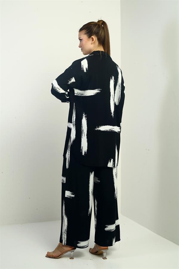 Women's Side Slit Tunic Shirt, Elastic Waist Pocketed Paazzo Pants, Brush Pattern Oversize 2-Piece Set