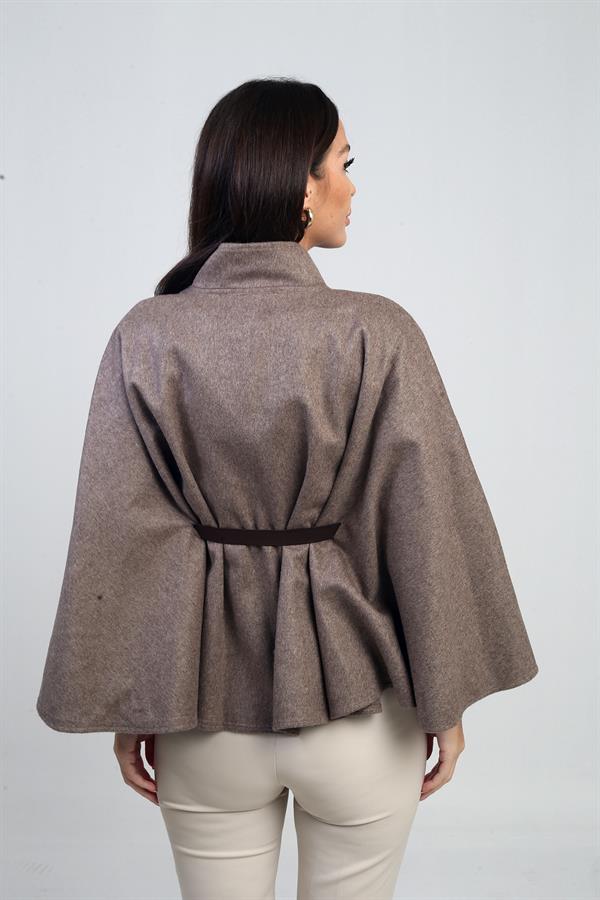 Kadın Tek Düğmeli Beli Kemerli Kaşe Panço